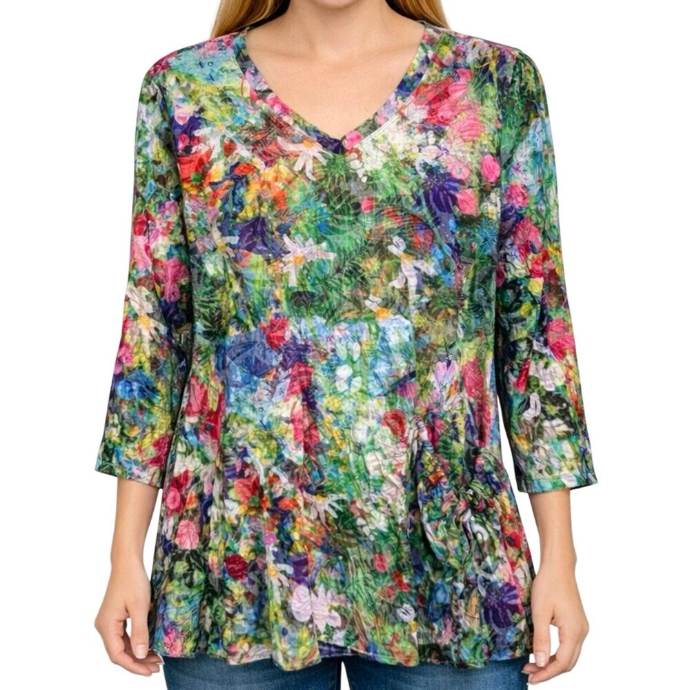 Shana Medium Wearable Art Vibrant Floral Spring Summer Crinkle Blouse Shirt Top
